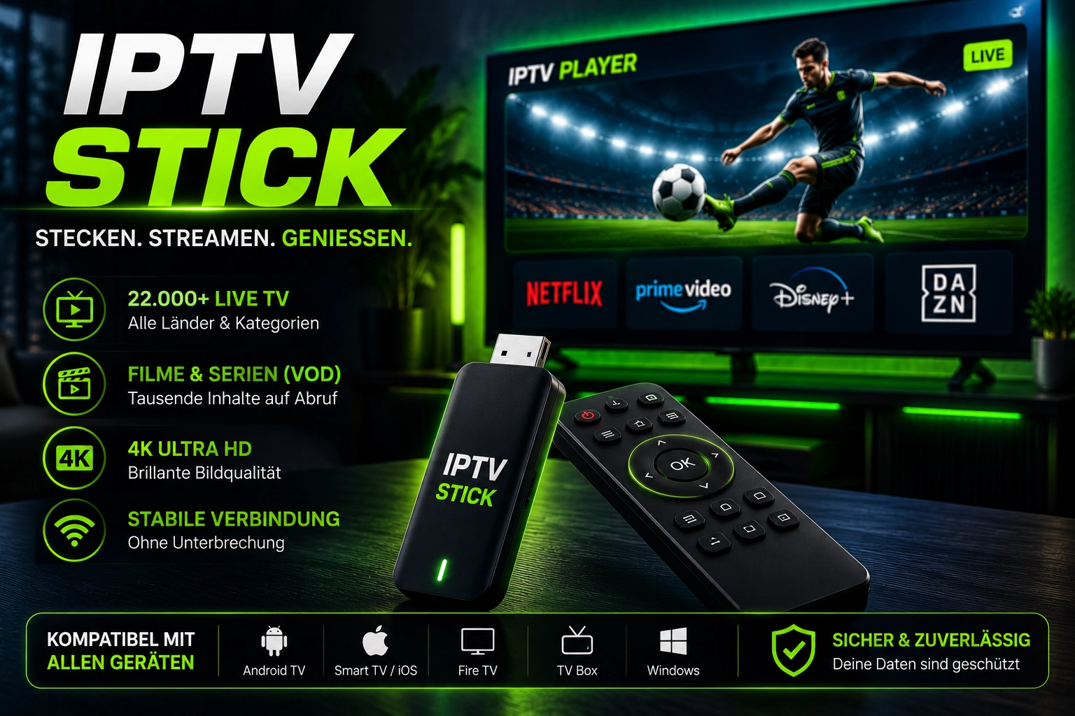 IPTV Stick Fernbedienung und Senderauswahl auf dem Fernseher